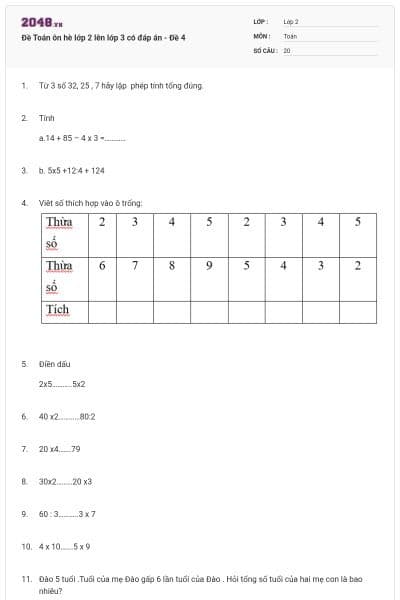 Đề Toán ôn hè lớp 2 lên lớp 3 có đáp án - Đề 4