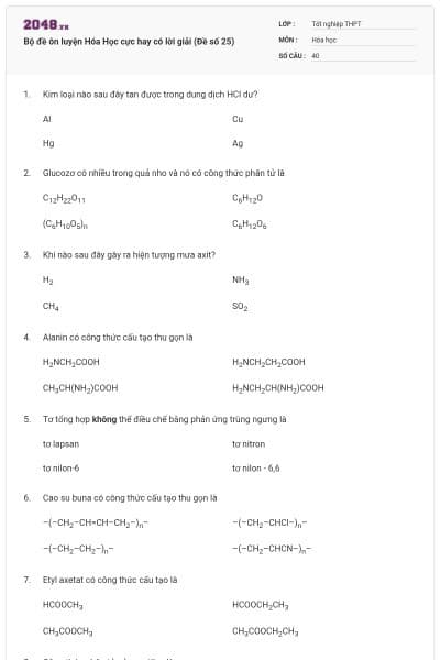 Bộ đề ôn luyện Hóa Học cực hay có lời giải (Đề số 25)