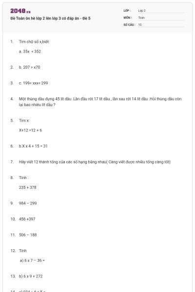 Đề Toán ôn hè lớp 2 lên lớp 3 có đáp án - Đề 5