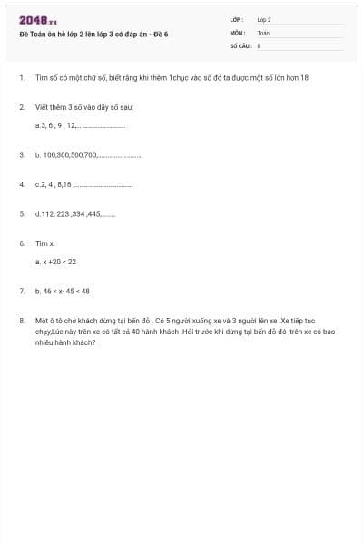 Đề Toán ôn hè lớp 2 lên lớp 3 có đáp án - Đề 6