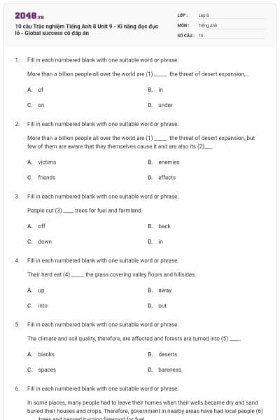 10 câu Trắc nghiệm Tiếng Anh 8 Unit 9 - Kĩ năng đọc đục lỗ - Global success có đáp án