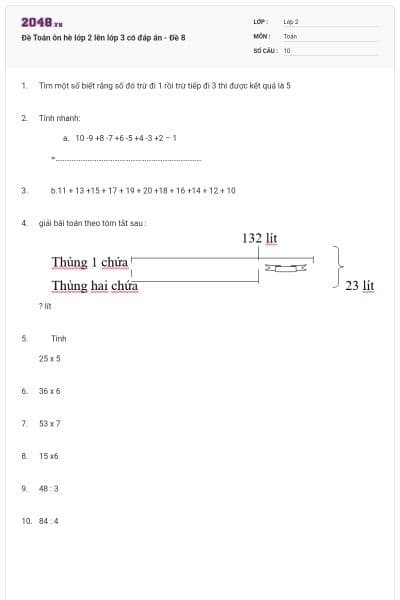 Đề Toán ôn hè lớp 2 lên lớp 3 có đáp án - Đề 8