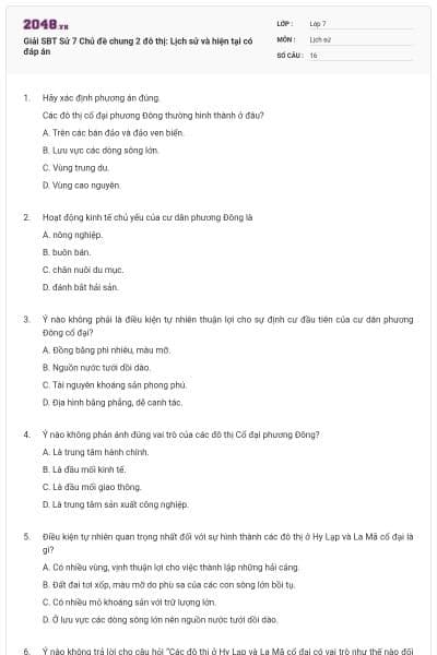 Giải SBT Sử 7 Chủ đề chung 2 đô thị: Lịch sử và hiện tại có đáp án