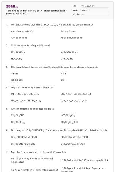 Tổng hợp đề thi thử THPTQG 2019 - chuẩn cấu trúc của bộ giáo dục (Đề số 12)