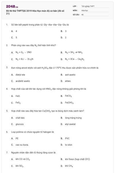 Đề thi thử THPTQG 2019 Hóa Học mức độ cơ bản (đề số 21)