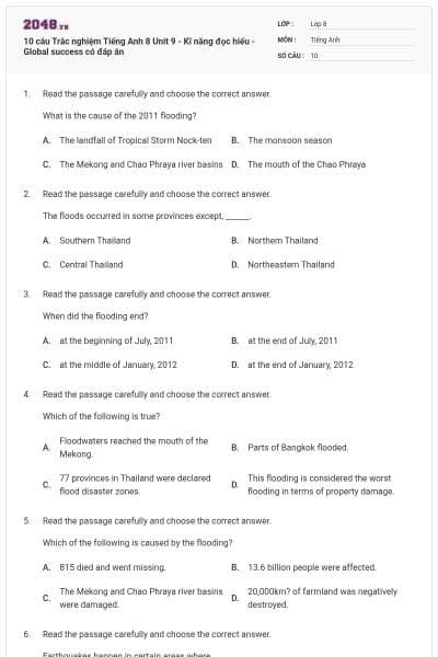 10 câu Trắc nghiệm Tiếng Anh 8 Unit 9 - Kĩ năng đọc hiểu - Global success có đáp án