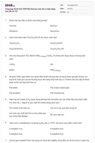 Tổng hợp đề thi thử THPTQG Hóa học mức độ cơ bản nâng cao (đề số 13)