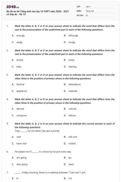 Bộ đề ôn thi Tiếng Anh vào lớp 10 THPT năm 2020 - 2021 có đáp án - Đề 10