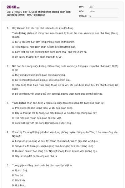 Giải VTH Sử 7 Bài 12. Cuộc kháng chiến chống quân xâm lược tống (1075 - 1077) có đáp án