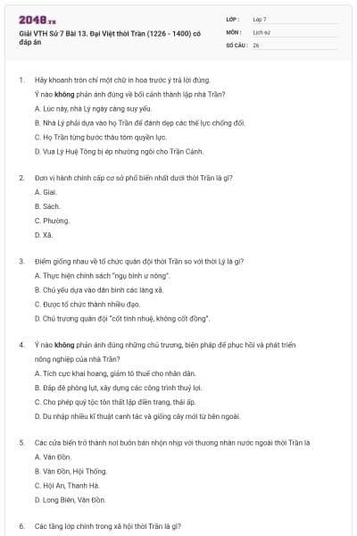Giải VTH Sử 7 Bài 13. Đại Việt thời Trần (1226 - 1400) có đáp án