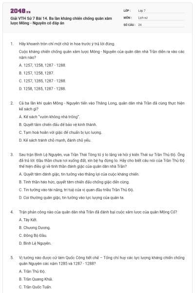 Giải VTH Sử 7 Bài 14. Ba lần kháng chiến chống quân xâm lược Mông - Nguyên có đáp án