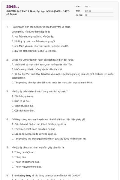 Giải VTH Sử 7 Bài 15. Nước Đại Ngu thời Hồ (1400 – 1407) có đáp án