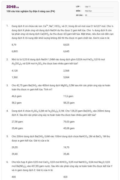 100 câu trắc nghiệm Sự điện li nâng cao (P4)