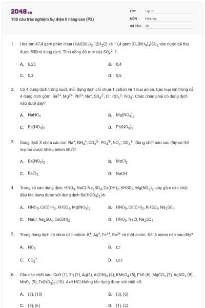 100 câu trắc nghiệm Sự điện li nâng cao (P2)