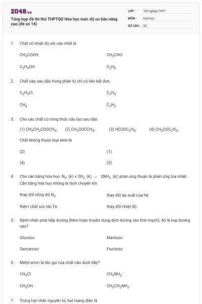 Tổng hợp đề thi thử THPTQG Hóa học mức độ cơ bản nâng cao (đề số 14)