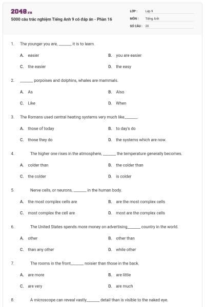 5000 câu trắc nghiệm Tiếng Anh 9 có đáp án - Phần 16