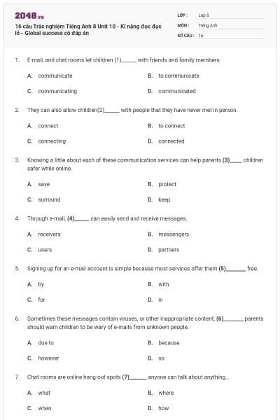 16 câu Trắc nghiệm Tiếng Anh 8 Unit 10 - Kĩ năng đọc đục lỗ - Global success có đáp án