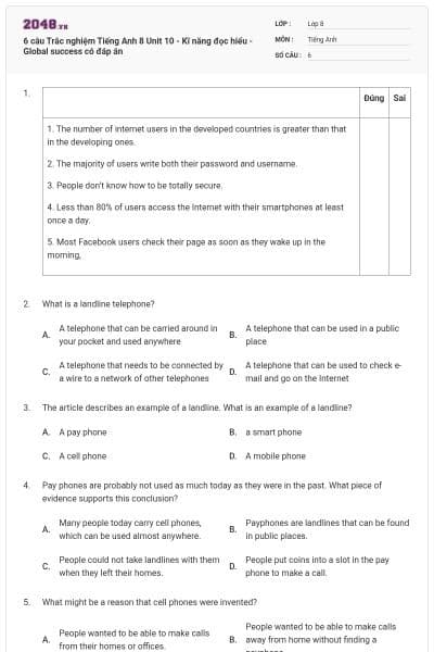 6 câu Trắc nghiệm Tiếng Anh 8 Unit 10 - Kĩ năng đọc hiểu - Global success có đáp án