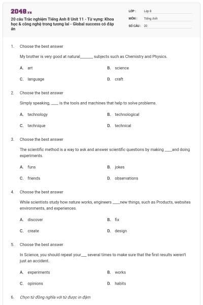20 câu Trắc nghiệm Tiếng Anh 8 Unit 11 - Từ vựng: Khoa học & công nghệ trong tương lai - Global success có đáp án