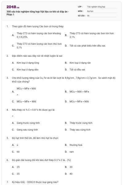 300 câu trắc nghiệm tổng hợp Vật liệu cơ khí có đáp án - Phần 1