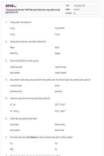 Tổng hợp đề thi thử THPTQG môn Hóa Học hay nhất có lời giải (Đề số 5)