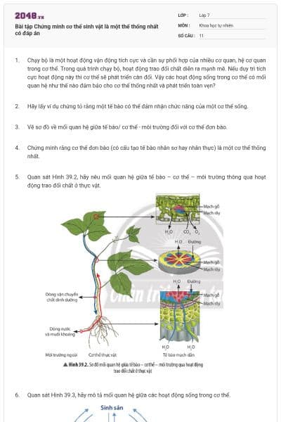 Bài tập Chứng minh cơ thể sinh vật là một thể thống nhất có đáp án