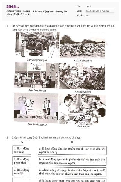 Giải SBT KTPL 10 Bài 1. Các hoạt động kinh tế trong đời sống xã hội có đáp án