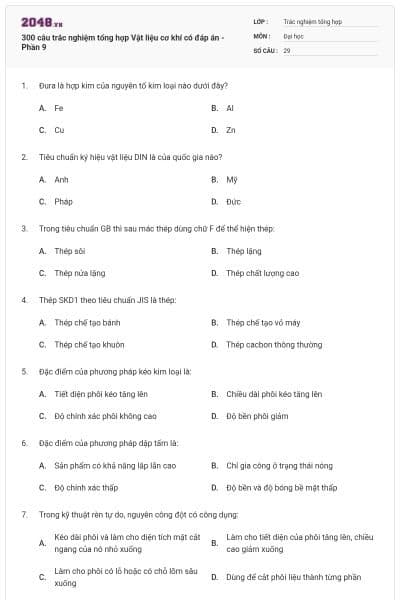 300 câu trắc nghiệm tổng hợp Vật liệu cơ khí có đáp án - Phần 9