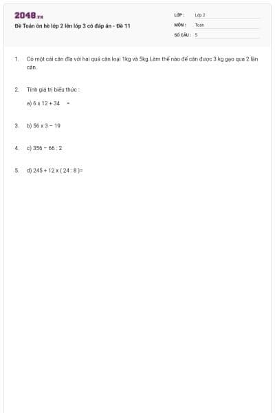 Đề Toán ôn hè lớp 2 lên lớp 3 có đáp án - Đề 11