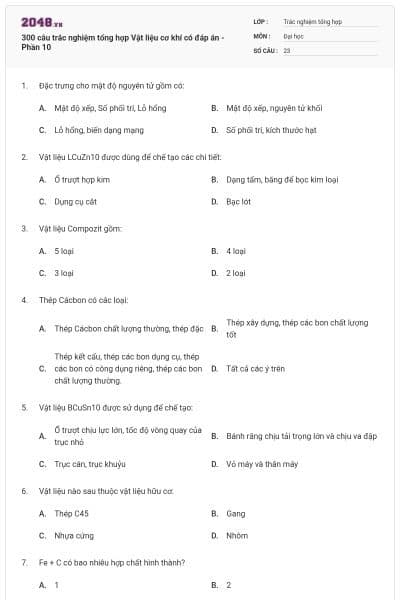 300 câu trắc nghiệm tổng hợp Vật liệu cơ khí có đáp án - Phần 10