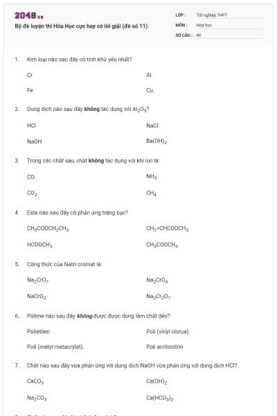 Bộ đề luyện thi Hóa Học cực hay có lời giải (đề số 11)