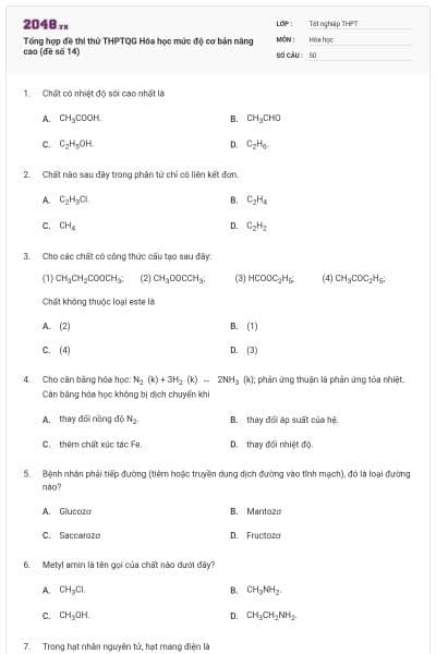 Tổng hợp đề thi thử THPTQG Hóa học mức độ cơ bản nâng cao (đề số 14)
