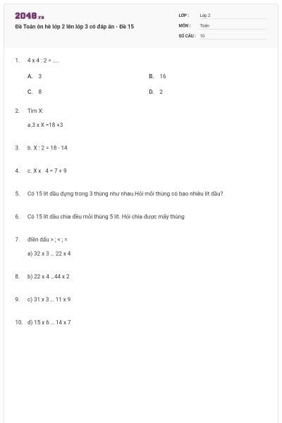 Đề Toán ôn hè lớp 2 lên lớp 3 có đáp án - Đề 15