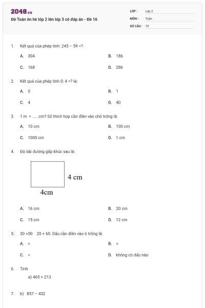 Đề Toán ôn hè lớp 2 lên lớp 3 có đáp án - Đề 16