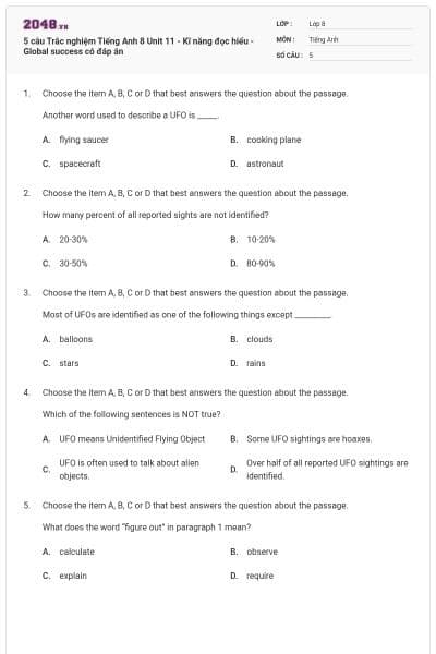 5 câu Trắc nghiệm Tiếng Anh 8 Unit 11 - Kĩ năng đọc hiểu - Global success có đáp án