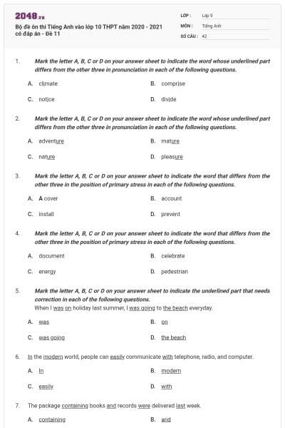 Bộ đề ôn thi Tiếng Anh vào lớp 10 THPT năm 2020 - 2021 có đáp án - Đề 11