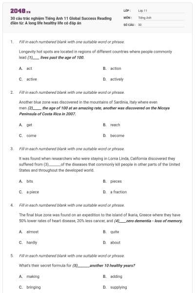 30 câu trắc nghiệm Tiếng Anh 11 Global Success Reading điền từ: A long life healthy life có đáp án