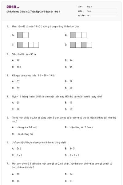 Đề kiểm tra Giữa kì 2 Toán lớp 2 có đáp án - Đề 1