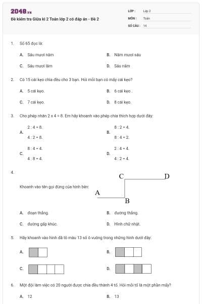 Đề kiểm tra Giữa kì 2 Toán lớp 2 có đáp án - Đề 2