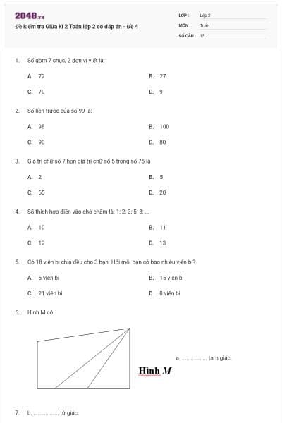Đề kiểm tra Giữa kì 2 Toán lớp 2 có đáp án - Đề 4