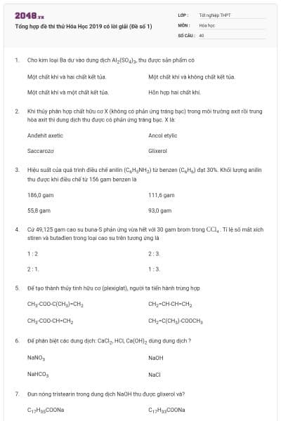 Tổng hợp đề thi thử Hóa Học 2019 có lời giải (Đề số 1)