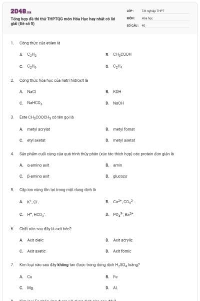 Tổng hợp đề thi thử THPTQG môn Hóa Học hay nhất có lời giải (Đề số 5)
