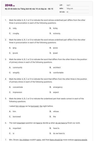 Bộ 20 đề kiểm tra Tiếng Anh thi vào 10 có đáp án - Đề 15