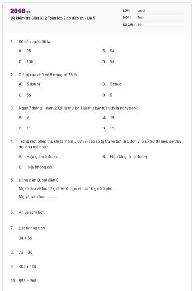 Đề kiểm tra Giữa kì 2 Toán lớp 2 có đáp án - Đề 5