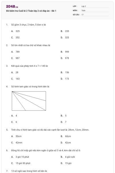 Đề kiểm tra Cuối kì 2 Toán lớp 2 có đáp án - Đề 1