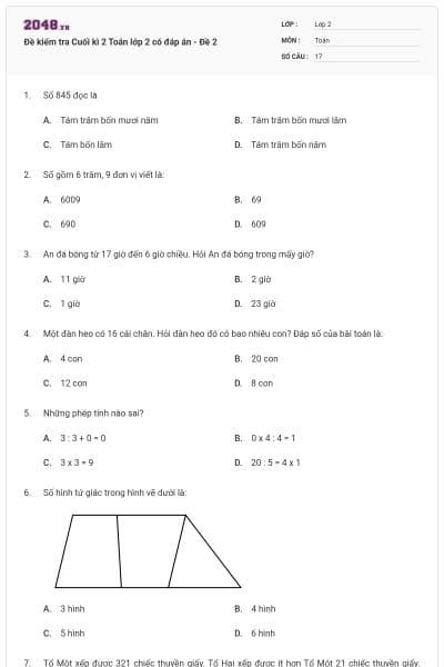 Đề kiểm tra Cuối kì 2 Toán lớp 2 có đáp án - Đề 2