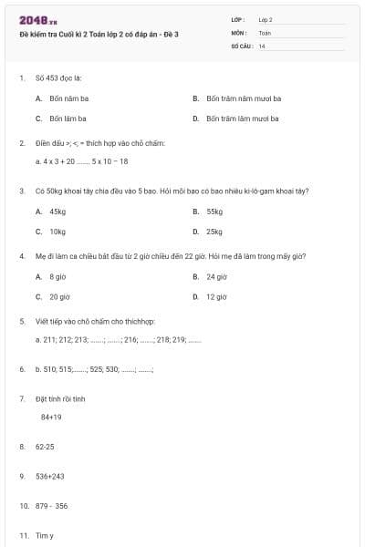Đề kiểm tra Cuối kì 2 Toán lớp 2 có đáp án - Đề 3