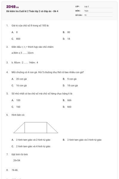 Đề kiểm tra Cuối kì 2 Toán lớp 2 có đáp án - Đề 4