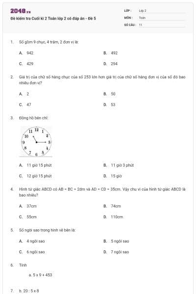 Đề kiểm tra Cuối kì 2 Toán lớp 2 có đáp án - Đề 5