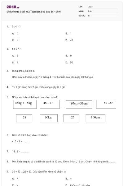 Đề kiểm tra Cuối kì 2 Toán lớp 2 có đáp án - Đề 6